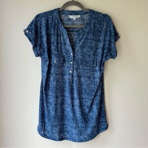 mySTYLE Blue Faux Denim Henley Tunic Top Size Medium Soft Stretchy Casual Basic